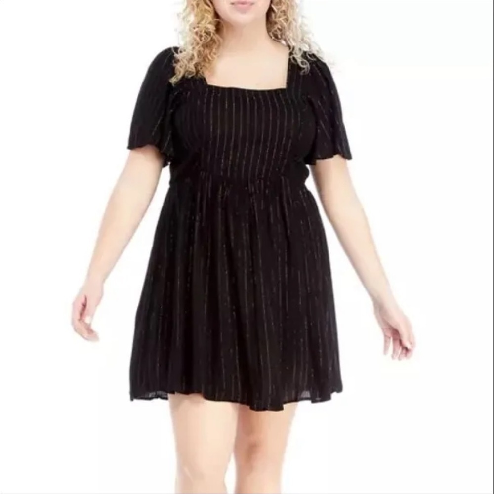 Wonderly Black Metallic Weave Smocked Tie Back Flutter Sleeve Dress